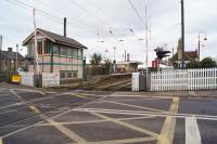 Looking north over the LC at Downham Market in February 2018 with the SB on the left and station buildings beyond. The main station is on the up platform on the right.<br><br>[John McIntyre 21/02/2018]