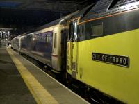 47749 <i>City of Truro</i> seen shortly before leaving Queen Street Platform 7 on 1st April 2018 with the diverted Caledonian Sleeper, only to fail a few minutes into the journey and return to Queen Street to await assistance. Another Class 73 locomotive was sent to the rescue from Waverley, and the Sleeper eventually made it to Euston 97 minutes late having partly made up for the delay. <br>
<br><br>[Colin McDonald 01/04/2018]