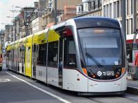 Tram 261, in Edinburgh Festival promotional branding, at the Princes Street stop on 8th August 2017.<br>
<br>
<br><br>[Bill Roberton 08/08/2017]