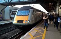 A down HST, in East Coast livery and led by power car 43238, arrives in Grantham in October 2017.<br><br>[Ken Strachan 25/10/2017]