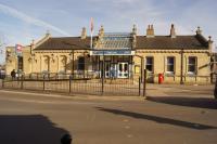 The station frontage at Kings Lynn on 24 February 2018. The station has been turned out in a form of British Railways livery although the shade of blue is more akin to Scottish Region rather than Eastern Region but very nicely done and with many historical photos around the concourse.<br><br>[John McIntyre 24/02/2018]