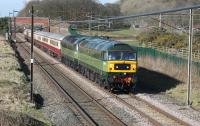 Immaculate D1935 and D1944 <I>Craftsman</I> run through Woodacre with the returning Kingussie to Crewe private charter train on 25th March 2018. 5000hp for seven coaches will have made light work of the gradients en route.<br><br>[Mark Bartlett 25/03/2018]