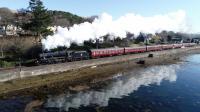 To celebrate the 150th anniversary of The Glasgow Highlanders being<br>
formed Ian Riley has changed the identity of one of his Black 5s, from<br>
45407 to 45157 <I>The Glasgow Highlander</I>. The engine is pictured sprinting<br>
away from Corpach with *<I>The Jacobite</I> for Mallaig on 1st April 2018.<br>
<br>
<br><br>[John Gray 01/04/2018]