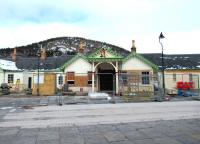 Front elevation of Ballater station on the morning of 5 April 2018, with recovery work well advanced, three years on from the disastrous fire [see image 9823].<br><br>[Andy Furnevel 05/04/2018]