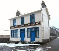 The restored former GNoSR office in Braemar, photographed during light snow on 5 April 2018.<br><br>[Andy Furnevel 05/04/2018]