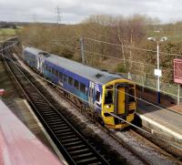 A Glasgow to Edinburgh 158 pulls into Curriehill on 28 March. I wonder if electrification will mean an increase in frequency from the current hourly service? It might draw a few people from the buses.<br><br>[David Panton 28/03/2018]