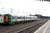 377446, a Southern Railway EMU ex-Brighton, seen at Eastleigh returning from whence it came. 5th April 2018.<br>
<br>
<br><br>[Peter Todd 05/04/2018]