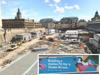 <h4><a href='/locations/G/Glasgow_Queen_Street_High_Level'>Glasgow Queen Street High Level</a></h4><p><small><a href='/companies/E/Edinburgh_and_Glasgow_Railway'>Edinburgh and Glasgow Railway</a></small></p><p>The site of the ill fated and now demolished new staff accommodation block at the east side of Queen Street station on 9th August 2018 see image <a href='/img/61/779/index.html'>61779</a>. Inset is the sign now covering what was to have been the North Hanover Street entrance. At least they waited until work was finished <i>un-building</i> the partly completed structure behind it before putting the sign up. It will be interesting to see who ends up paying for the multi-million pound change of plan.  </p><p>09/08/2018<br><small><a href='/contributors/Colin_McDonald'>Colin McDonald</a></small></p>