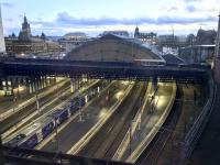<h4><a href='/locations/G/Glasgow_Queen_Street_High_Level'>Glasgow Queen Street High Level</a></h4><p><small><a href='/companies/E/Edinburgh_and_Glasgow_Railway'>Edinburgh and Glasgow Railway</a></small></p><p>A late afternoon view over Queen Street station on 22nd January 2019, with just one class 385 train at platform 4 in view. The steelwork of the west truss of the new station frontage can be seen just above the cab of the single decker bus crossing Cathedral Street bridge. </p><p>22/01/2019<br><small><a href='/contributors/Colin_McDonald'>Colin McDonald</a></small></p>