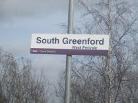 <h4><a href='/locations/S/South_Greenford'>South Greenford</a></h4><p><small><a href='/companies/G/Great_Western_Railway'>Great Western Railway</a></small></p><p>South Greenford 'station' nameboard on the West Ealing to Greenford branch, on 9th February 2019. West Perivale, in smaller font, is a fairly recent addition to the station's name. The platforms are accessed by two steep ramps either side of the railway, to and from the major A40 Western Avenue trunk road that the line crosses on viaduct immediately to the north. 52/189</p><p>09/02/2019<br><small><a href='/contributors/David_Bosher'>David Bosher</a></small></p>