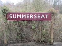 <h4><a href='/locations/S/Summerseat'>Summerseat</a></h4><p><small><a href='/companies/E/East_Lancashire_Railway'>East Lancashire Railway</a></small></p><p>Ex-British Railways London Midland Region running-in board at Summerseat station on the East Lancashire Railway, on 5th April 2016, seen from Bury Bolton Street to Rawtenstall train.  Unfortunately, on the day of my visit, there were no trains between Bury and Heywood. 4/17</p><p>05/04/2016<br><small><a href='/contributors/David_Bosher'>David Bosher</a></small></p>