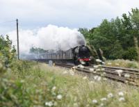 <h4><a href='/locations/P/Purton'>Purton</a></h4><p><small><a href='/companies/C/Cheltenham_and_Great_Western_Union_Railway_Great_Western_Railway'>Cheltenham and Great Western Union Railway (Great Western Railway)</a></small></p><p>Flying Scotsman passed through Swindon and headed up the Gloucester line with a Railway Touring Company Train for Worcester on the 15th. This view is of it running through the site of the defunct Purton Station. The train had been heavily promoted in the local paper and, in consequence, every fraction of spare land around Swindon was filled with the admiring public. 121/132</p><p>15/06/2019<br><small><a href='/contributors/Peter_Todd'>Peter Todd</a></small></p>