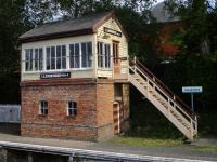 <h4><a href='/locations/L/Llandrindod_Wells'>Llandrindod Wells</a></h4><p><small><a href='/companies/C/Central_Wales_Railway'>Central Wales Railway</a></small></p><p>Llandrindod Wells signal box on 2nd September 2017.   This used to stand slightly north of the station but after its de-commissioning, it was moved to the southbound platform of Llandrindod Wells station and, though no longer operational, now acts as a small museum to the history of the station on the Heart of Wales Line.  (Note the modern station sign saying only Llandrindod, the station name having changed in 1980.) 12/22</p><p>02/09/2017<br><small><a href='/contributors/David_Bosher'>David Bosher</a></small></p>