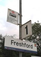 <h4><a href='/locations/F/Freshford'>Freshford</a></h4><p><small><a href='/companies/B/Bradford_Line_Frome,_Yeovil_and_Weymouth_Railway'>Bradford Line (Frome, Yeovil and Weymouth Railway)</a></small></p><p>This bus stop sign is not for transport interchange, but for rail replacement buses as required. Given the narrowness of Station Road, I would not expect a large bus! 107/122</p><p>06/07/2019<br><small><a href='/contributors/Ken_Strachan'>Ken Strachan</a></small></p>