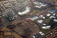 Aerial view of Shieldmuir. The industrial estate and post office depot (centre) occupy part of the site of the former steelworks.<br><br>[Ewan Crawford //]