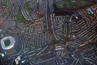 Cathcart station from the air (bottom right), aerial view of Hampden (left) and Kings Park (top centre).<br><br>[Ewan Crawford //]