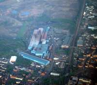 Aerial view Dalzell Steelworks looking south-east. The works is served by a short branch.<br><br>[Ewan Crawford //]