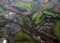 Aerial view of Elderslie area. Bottom right; Elderslie. Centre left to bottom right; GPK&AR. Top left to bottom right; Paisley Canal line. Centre left to top right; Paisley and Barrhead District line.<br><br>[Ewan Crawford //]