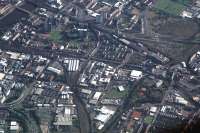 Aerial view of Glasgows South Side looking east. Smithy Lye (bottom centre), Eglinton Street (centre), Gushetfaulds (top right), Central approach (centre left) and St Enoch approach (top left).<br><br>[Ewan Crawford //]