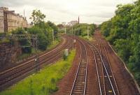 Muirhouse South Junction facing north. Line to left for Cathcart Circle, to right to Barrhead. Distant left to Glasgow Central and distant right for Larkfield Junction.<br><br>[Ewan Crawford //]