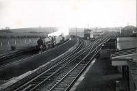 Stanley Junction. 5P 4.6.0 45463 arrives with a freight off the Highland. [See image 39639]<br><br>[G H Robin collection by courtesy of the Mitchell Library, Glasgow 06/04/1953]