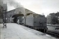 Peebles station LMS. Class 2 4.4.0 592 on branch train. September 1948.<br><br>[G H Robin collection by courtesy of the Mitchell Library, Glasgow 25/09/1948]