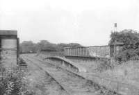 View from Barrhead South in August 1963 along the P&BDR viaduct running through Barrhead [see image 10663]. <br><br>[John Robin 06/08/1963]