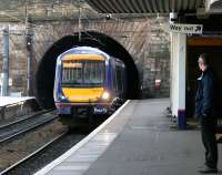 A westbound Edinburgh - Glasgow shuttle leaving Haymarket Tunnel and arriving at platform 4 in April 2006. Haymarket platform 4 is Scotland's busiest mainline railway platform. <br><br>[John Furnevel 04/04/2006]