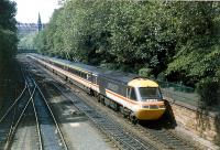 Eastbound 125 passing through Princes Street Gardens in June 1989. Note that the southern tunnel at Haymarket was closed at the time.<br><br>[Ewan Crawford 12/06/1989]