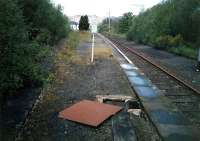 Balloch Pier looking from the end of the platform to Loch Lomond. Disused bay to left and electrified line and siding to right. Now completely cleared.<br><br>[Ewan Crawford //1987]