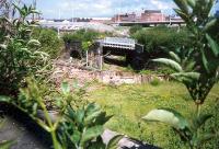 Shields Road looking north-west. Front to back; site of Shields stn, Burma road (low level out of sight), stub of General Terminus line, sites of Shields Road and Pollokshields stations.<br><br>[Ewan Crawford //1987]