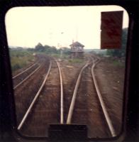 Rear view from a Cumbernauld-Springburn DMU passing Gartcosh Junction. Signalbox now demolished.<br><br>[Ewan Crawford //1987]