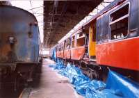 Damaged train in Hyndland Depot. Access by kind permission of British Rail.<br><br>[Ewan Crawford //1987]