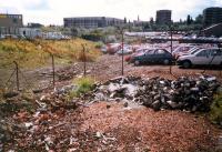 Looking to Shields Road along the route of the (then) recently uplifted and landscaped General Terminus branch. Glasgow-Paisley line crosses over in distance.<br><br>[Ewan Crawford //1987]