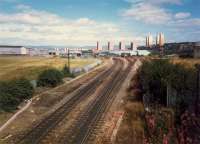 Top of the Cowlairs Incline. This was Cowlairs station and the incline engine was here. It is now Pinkston Junction, the start of the Cowlairs Chord. The NBRs massive Cowlairs Works was located to the left here.<br><br>[Ewan Crawford //1987]