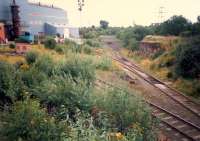 Whifflet Central Junction (NB) looking south. The line to Palacecraig ran off to the left and to Hamilton to the right. The works is now disconnected from the railway network. Update - the works is now closed and demolished and lines lifted.<br><br>[Ewan Crawford //1987]