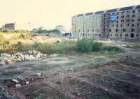 Remains of College Goods (GSW). The warehouses still stand and the base of the undercroft can be seen in the foreground. The CGU runs by in the background.<br><br>[Ewan Crawford //1987]