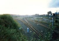 High Street Junction looking west. The St Johns link would create a triangle here. Left to right; GSW link to Bridgeton Central (lifted), CGU, College loop (lifted), College Goods (lifted), GCD (open), College passenger and High Street Goods (lifted).<br><br>[Ewan Crawford //1987]