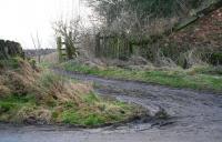 Two old gates, the one on the left permanently open, that on the right permanently closed. The former stands at the well used entrance to a field, while the second once accessed a path up to a station whose last recorded use was almost 60 years earlier. The station was Charlesfield Halt, opened in 1942 for the use of workers at the wartime munitions factory constructed nearby. For the view from the platform towards the depot see image [[58342]]. 