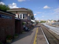 <h4><a href='/locations/T/Templecombe'>Templecombe</a></h4><p><small><a href='/companies/S/Salisbury_and_Yeovil_Railway'>Salisbury and Yeovil Railway</a></small></p><p>The splendid 1930s signal box at Templecombe, where the LSWR (right) met a short branch from the S&D (left) - see image <a href='/img/71/226/index.html'>71226</a>. This platform is now open only during rush hours. 35/85</p><p>28/07/2012<br><small><a href='/contributors/Ken_Strachan'>Ken Strachan</a></small></p>