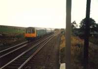 Cumbernauld-Springburn DMU at Garnqueen North Junction. Viewed from signalbox. Access by kind permission of British Rail.<br><br>[Ewan Crawford //1987]