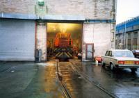 Shunter in for repairs gives it welly. By kind permission of British Steel Corporation.<br><br>[Ewan Crawford //1987]