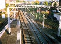 Helensburgh Central station throat. The sleeper indentations from the lifted line are obvious on the right. This must have been lifted when the line was singled and semphore replaced with coloured lights in November 1984.<br><br>[Ewan Crawford //1987]