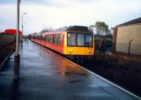 A southbound DMU arrives at the new Kilmaurs station in 1987.<br><br>[Ewan Crawford //1987]