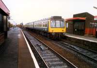 View of 107 439 having arrived from Glasgow at Barrhead.<br><br>[Ewan Crawford //1987]