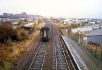 Nitshill looking to Glasgow showing the somewhat odd road overbridge.<br><br>[Ewan Crawford //1987]