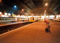 As Graham Langmuir remarked of this photograph; <i>Fairy Tale Palace</i>, referring to the original wooden station. Lighting of different colours at Queen Street.<br><br>[Ewan Crawford //1987]