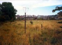 Lantern Waste. Looking to the buffers at Kilbirnie (Caley). Little left and what there was was overgrown, except this lamppost.<br><br>[Ewan Crawford //1987]