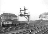 One of Ayr shed's <I>Crab</I> 2-6-0s no 42910 with a coal train passing Falkland Junction box northbound on 30 September 1963.<br><br>[John Robin 30/09/1963]