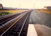 Newton-on-Ayr looking to Falkland yard. Much of the yard was being used to store carriages and spare DMUs following electrification.<br><br>[Ewan Crawford //1987]